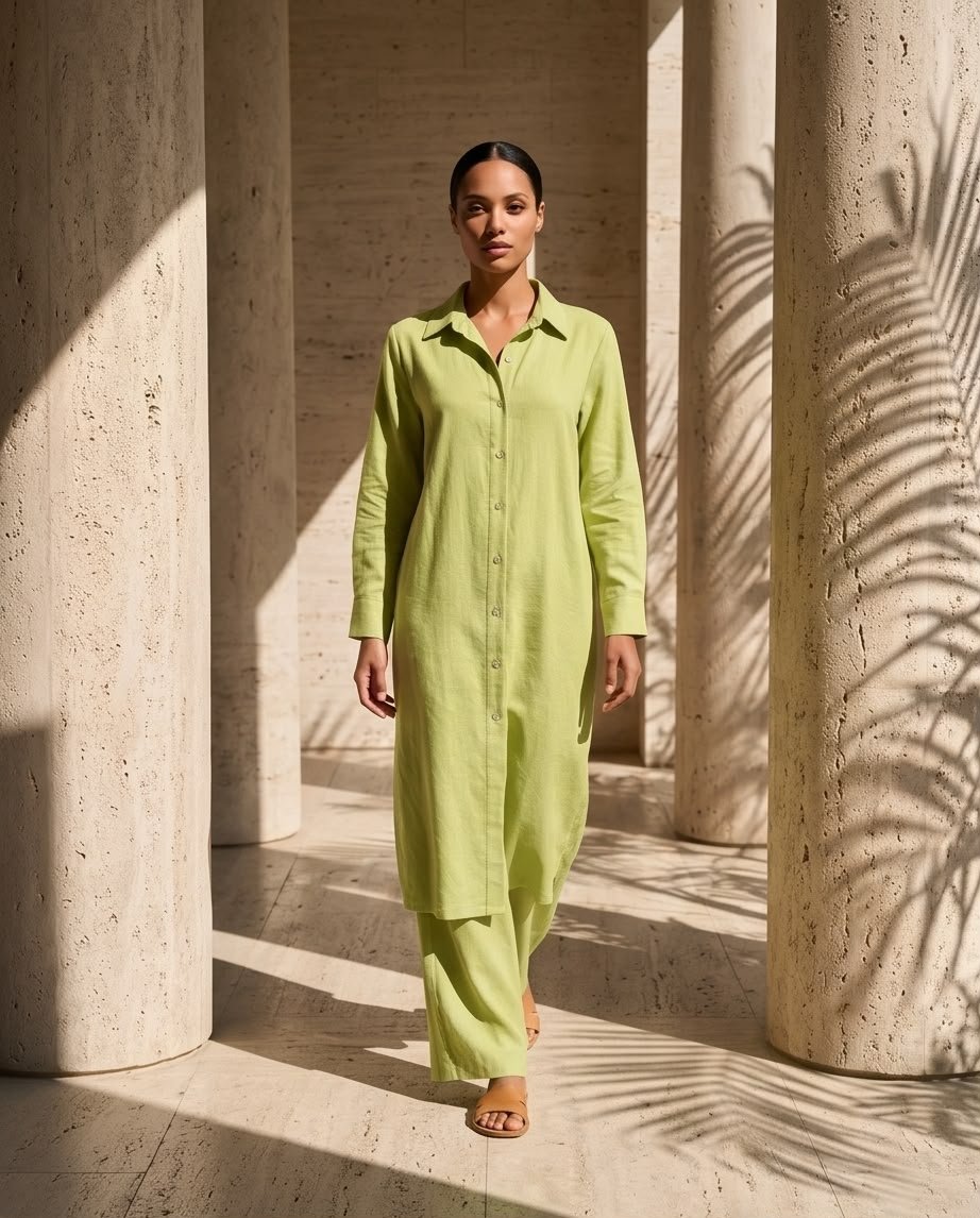 Linen co-ord set in Avocado Geen